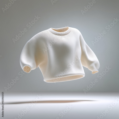 white sweater floating horizontally in the air, looking weightless, without human presence. Gray background
