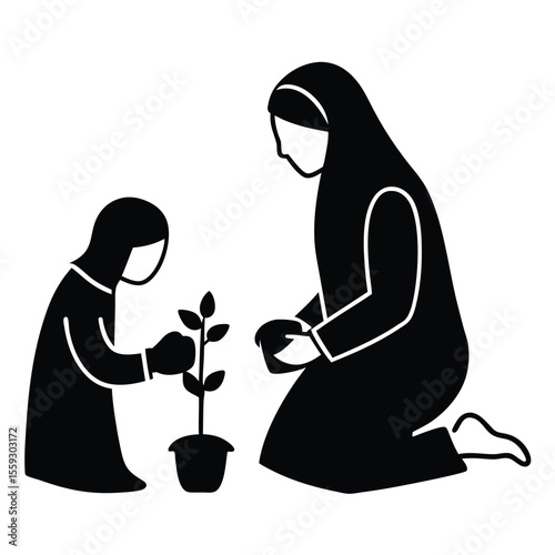a minimalist line drawing of a Muslim mother and child gardening