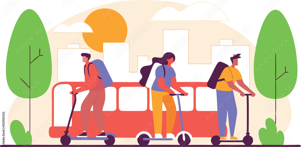 Fototapeta premium group of urban commuters using e-scooters and bike-sharing vector illustration