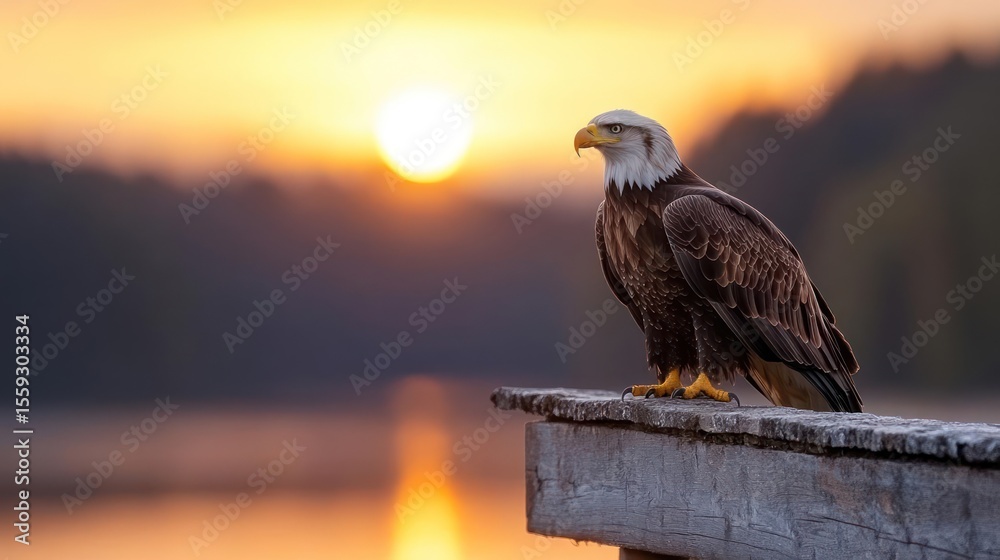Fototapeta premium Bald Eagle Perched At Sunset With Golden Light Reflecting On The Water