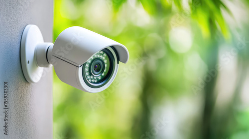 Security camera mounted on an exterior wall, observing surroundings. Surveillance and monitoring technology