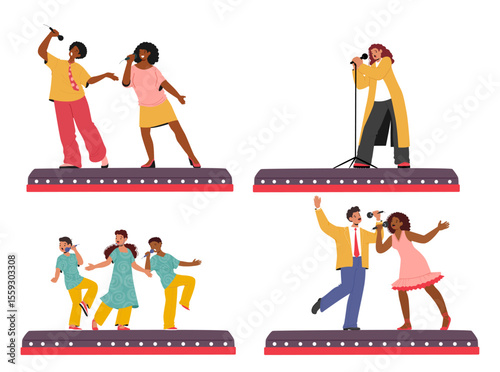Young adult people and children participating talent show singing song in microphone on stage set