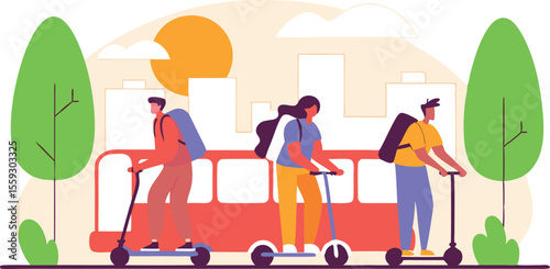 group of urban commuters using e-scooters and bike-sharing vector illustration