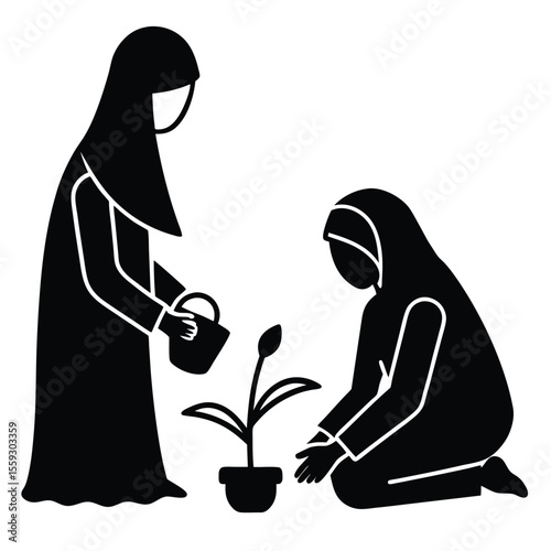 a minimalist line drawing of a Muslim mother and child gardening