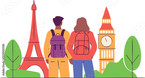 vector illustration of a couple with backpacks traveling around the world
