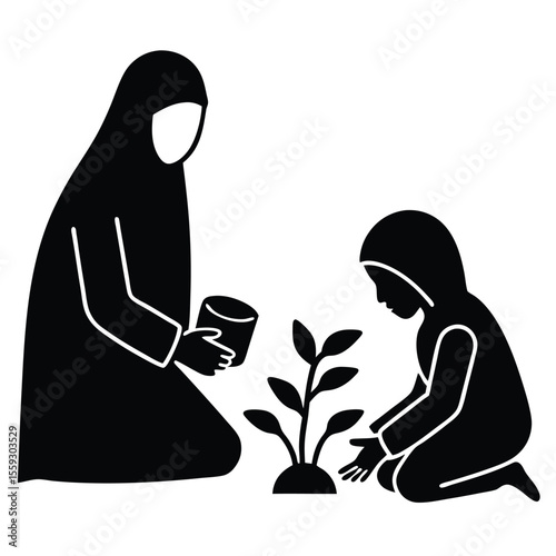 a minimalist line drawing of a Muslim mother and child gardening