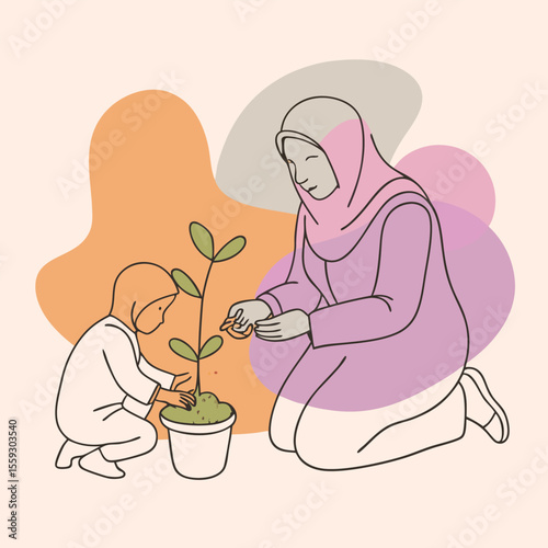 a minimalist line drawing of a Muslim mother and child gardening