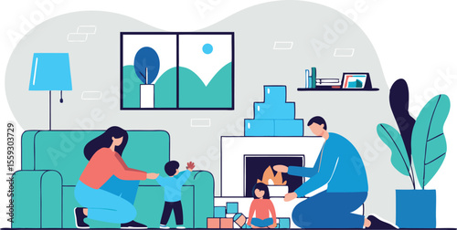 vector illustration of parents playing with kids in the living room