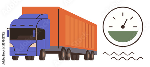 Cargo truck driving forward with a fuel gauge indicating measurement. Ideal for logistics, sustainability, transportation, fuel economy, delivery management, freight, energy optimization. Simple flat