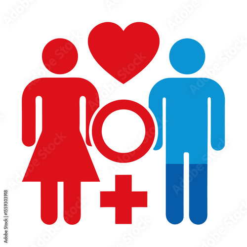 Parents Day lesbian couple icon, female and female symbols, red heart, flat vector, love, pride, freedom, family celebration.
