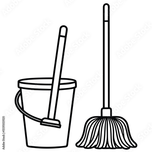 a mop and bucket depicted in a minimalist, continuous line drawing style 
