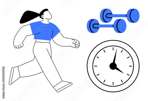 Woman in motion wearing casual athletic wear next to dumbbells and a clock. Ideal for fitness, time management, health goals, personal development, wellness, exercise routines, and self-discipline