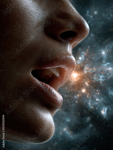 A Person Speaking with Cosmic Light Effects in a Surreal Atmosphere