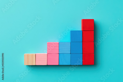 Colorful Growth Chart A Stacked Arrangement of Wooden Blocks in Gradient Colors Representing Incremental Progress and Positive Development on a Blue Backdrop