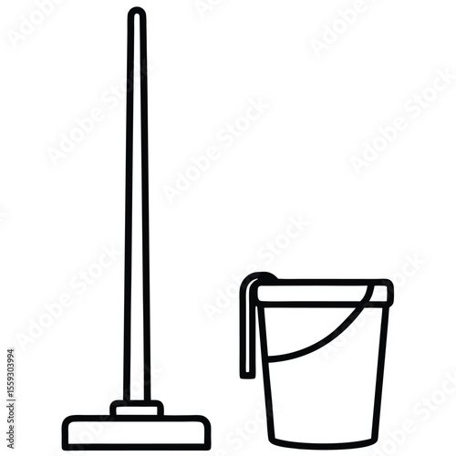 a mop and bucket depicted in a minimalist, continuous line drawing style 