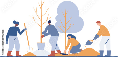 vector illustration of people planting trees together