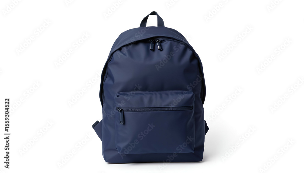 Naklejka premium Navy blue backpack with front pocket and adjustable straps on white background 