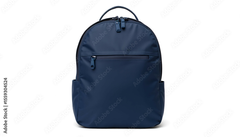 Naklejka premium Navy blue backpack with front zip pocket and minimalist design on white background 