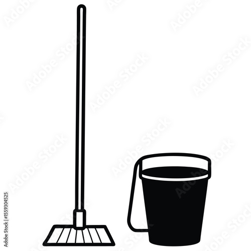 a mop and bucket depicted in a minimalist, continuous line drawing style 