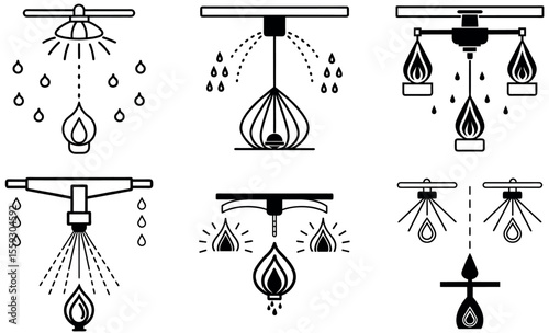 Black and white line art: diverse fire sprinkler system icons.