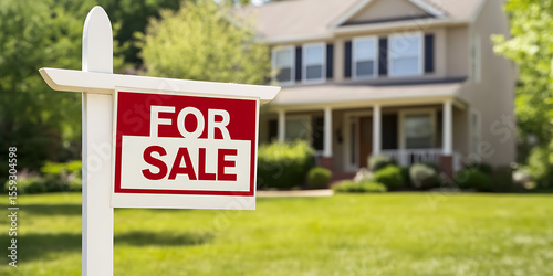 A residential property displaying a 'For Sale' sign on the front lawn, signaling its availability in the real estate market.