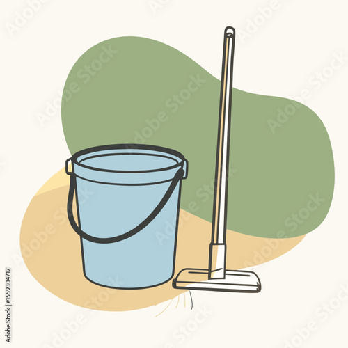 a mop and bucket depicted in a minimalist, continuous line drawing style 