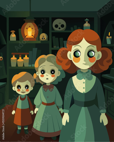 As the gaslight flickered the old dolls in the antique shop seemed to come to life their glassy eyes glowing with an ominous light.. Vector illustration