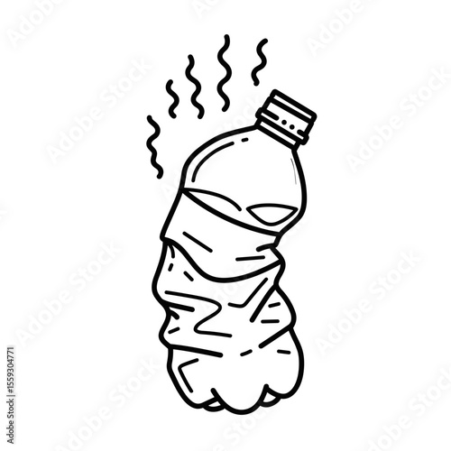 Melted plastic water bottle icon in line art