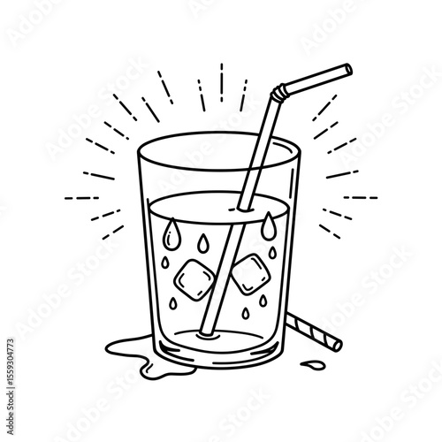 Glass of water with ice and straw in line style