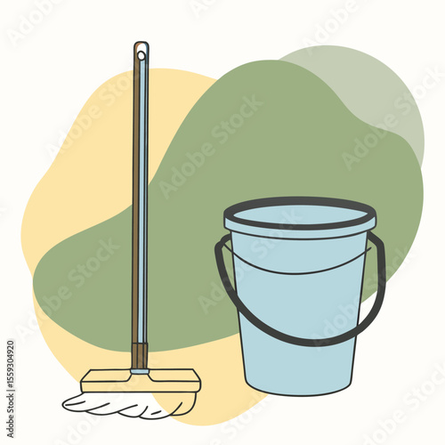 a mop and bucket depicted in a minimalist, continuous line drawing style 