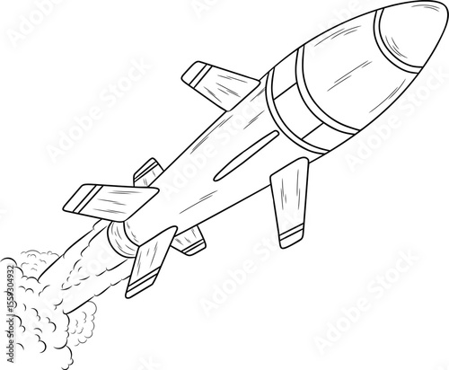 A black and white outline drawing of a ballistic missile launching with smoke and fire from its engine