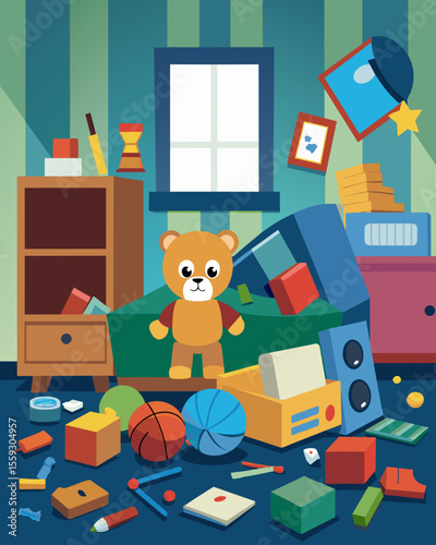 A childs room filled with broken toys and forgotten gadgets all destined for the landfill.. Vector illustration