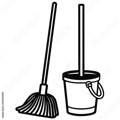 a mop and bucket depicted in a minimalist, continuous line drawing style 