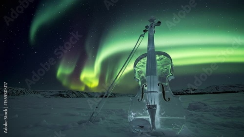 Ice Violin Under Northern Lights in Snowy Landscape