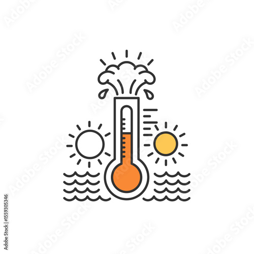 Exploding thermometer with sun icons over ocean waves