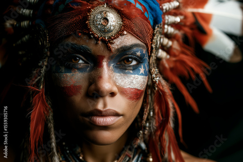 Woman with patriotic face paint wearing a headdress. Strong and beautiful portrait. American pride, national celebration, vintage style. Independence Day. Fourth of July.