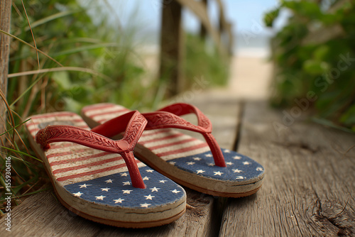 Patriotic flip-flops on boardwalk. A close-up celebrates freedom. Summer getaway, festive spirit, beach lifestyle. Independence Day. Fourth of July. photo