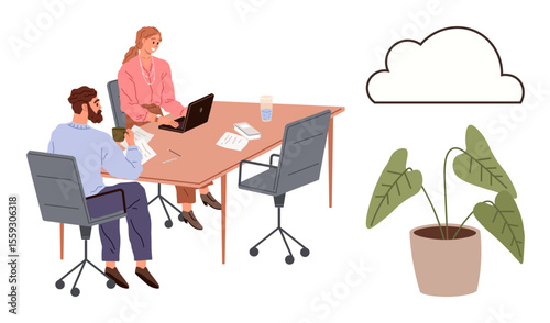 Two colleagues working together at a shared desk with laptops, papers, and coffee, alongside a potted plant and a cloud outline. Ideal for teamwork, cloud computing, office work, creativity