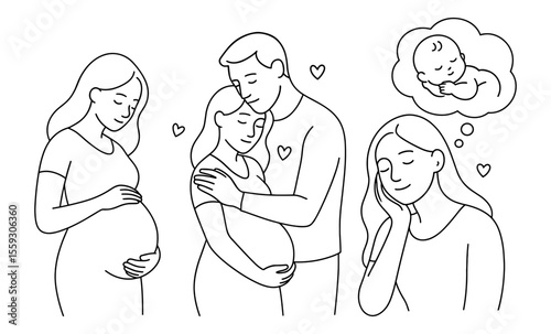 Set of pregnant woman and couple expecting baby with dream about newborn. Black and white line drawings isolated on white background. Pregnancy and parenthood concept. Family planning and motherhood t