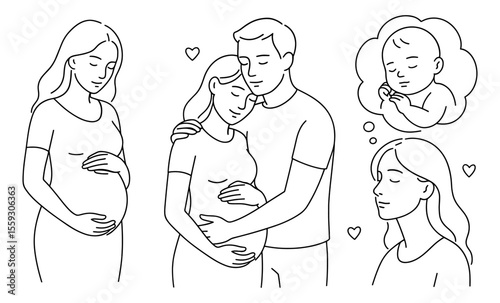Set of pregnant woman and couple expecting baby with dream about newborn. Black and white line drawings isolated on white background. Pregnancy and parenthood concept. Family planning and motherhood t