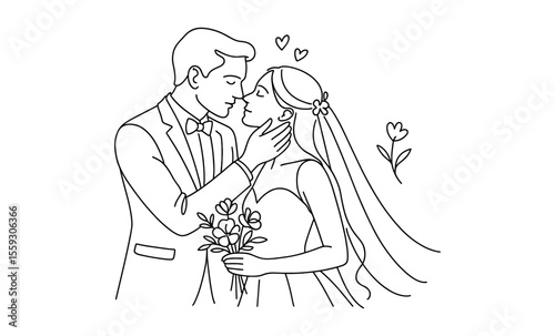 Bride and groom standing close holding bouquet. Black and white line drawing isolated on white background. Wedding and marriage concept. Valentine day and love celebration. Design for greeting card, i