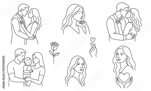 Set of romantic and family themed line illustrations including couples, parents with children, heart symbols, and emotional expressions. Black and white contour drawings isolated on white background. 