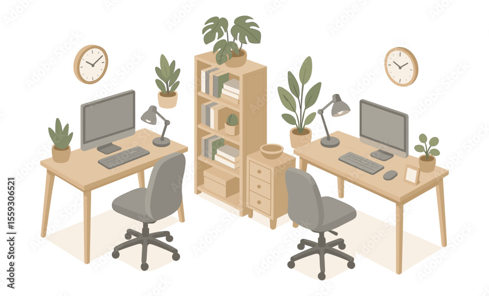 Fototapeta premium Isometric illustration of home office workspace with two desks, computers, chairs, desk lamps, bookshelves, drawers, clocks, and indoor plants. Flat vector drawing isolated on white background. Home w