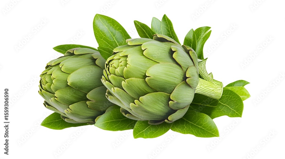 Obraz premium Fresh artichokes with leaves, isolated, white background, healthy food
