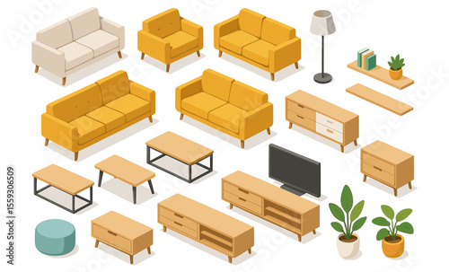 Isometric illustration of living room furniture including sofas, armchairs, coffee tables, TV stands, floor lamp, bookshelves, pouf, and potted plant. Flat vector drawing isolated on white background.