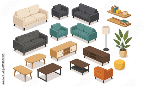 Isometric illustration of living room furniture including sofas, armchairs, coffee tables, TV stands, floor lamp, bookshelves, pouf, and potted plant. Flat vector drawing isolated on white background.