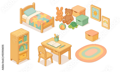 Isometric illustration of children's bedroom interior with single bed, desk and chair, toys, bookshelf, storage boxes, wall decor, and rug. Flat vector drawing isolated on white background. Kids room 