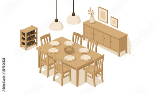 Isometric illustration of dining room interior with wooden table, chairs, sideboard, pendant lights, wine rack, wall mirror, ceramic vases, and plates. Flat vector drawing isolated on white background