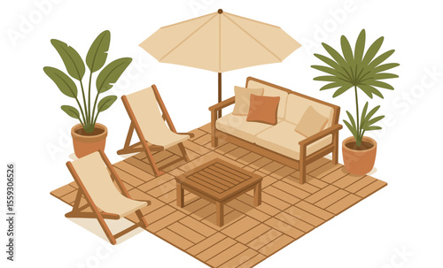 Isometric illustration of outdoor patio furniture set with sofa, deck chairs, parasol, coffee table, potted tropical plants, and wooden flooring. Flat vector drawing isolated on white background. Back