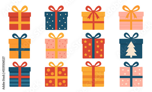 Set of colorful gift boxes with ribbons and festive patterns including stars, stripes, dots, snowflakes, and Christmas tree. Flat vector illustration of wrapped presents isolated on white background. 
